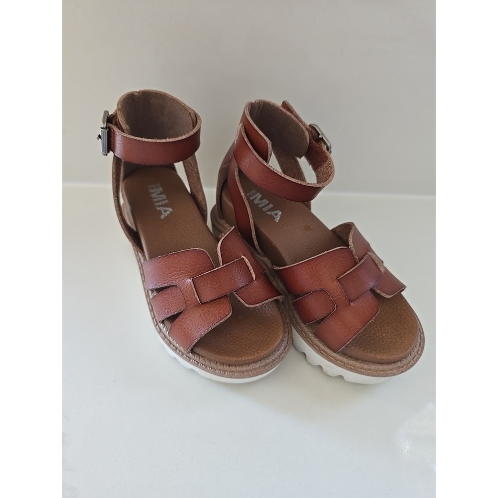 Mini‎ MIA Cognac Brown H-Strap Platform Sandals Sawtooth Lug Sole Size 6 child
